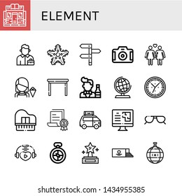 Set of element icons such as Bookstore, Salesman, Starfish, Directions, Camera, Lesbian, Seller, Table, Bartender, Globe, Clock, Piano, Certificate, Van, Computer, Sunglasses , element