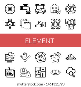Set of element icons such as Embroidery, Leak, Pipe, Paper, Golf cart, Obstacle, Clean house, Curd, Radar, Second hand, Cloud computing, Sticky note, Trap, Lock, Shell , element