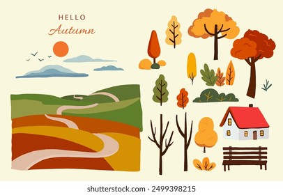 set of element object autumn season for landscape card design