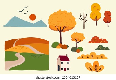 set of element object autumn season for landscape card design