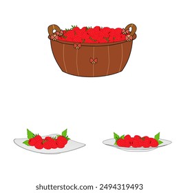 Conjunto de elementos de diseño de Vector de fruta de frambuesa nueva versión. Frambuesas en cesta decorada con cinta. Fruta con hoja en la decoración del plato. Frutas frescas, icono de plato de comida. Berry. tema de dibujos animados