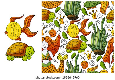 Set of element and seamless pattern. Fish, turtle and background with marine elements. Cute illustrations