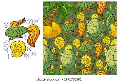 Set of element and seamless pattern. Fishes, seashells and background with marine elements. Cute