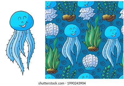 Set of element and seamless pattern. Jellyfish and background with seashells and sea elements. Cute