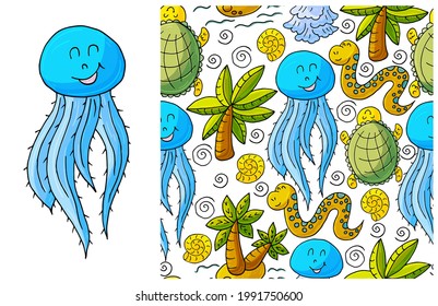 Set of element and seamless pattern. Jellyfish and background with turtles and palms. Cute characters