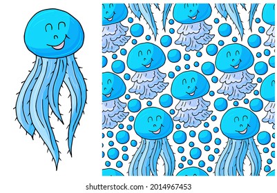 Set of element and seamless pattern. Jellyfish and background with seashells and sea elements. Cute character