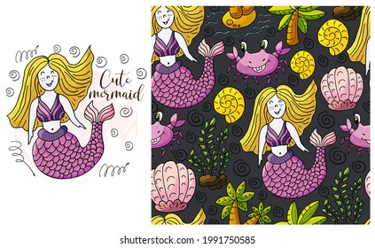 Set of element and seamless pattern. Mermaid and background with seashells and sea elements. Cute mermaid