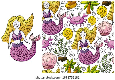 Set of element and seamless pattern. Mermaid and background with seashells and sea elements