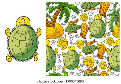 Set of element and seamless pattern. Turtle and background with marine elements. Cute illustrations