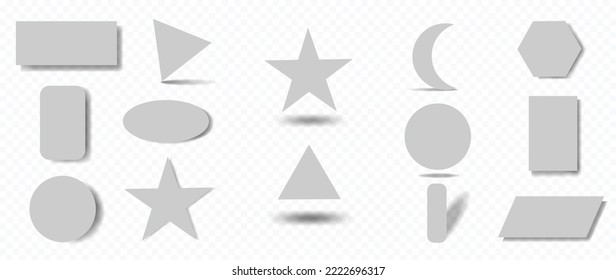 Set of element shadow vector on transparent background. Collection of gray geometric shapes shadow, square, triangle, circle, star, oval, crescent. Art design for decoration, sticker, poster, banner.