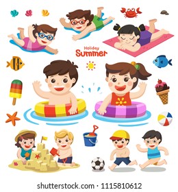 Set element for summer season. Happy kids playing on the beach and swimming. Let's enjoy summer.