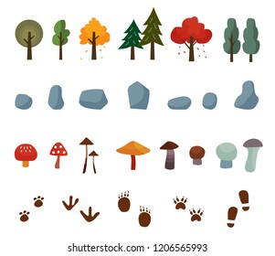 Set of element of tree, stone, mushroom and animal foot print. vector illustration.
