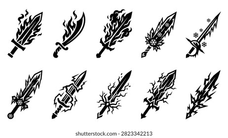 Set of elemental magic swords featuring fire flames ice crystals and lightning energy effects Detailed black vector silhouettes for rpg game weaponry power ups ability icons and fantasy character gear isolated on white background