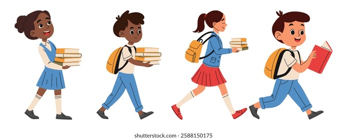 Set of elementary school kids with school bag and books go to school. Knowledge concept. Hand drawn illustration.