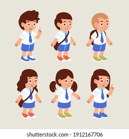 set of elementary school student character wearing uniform with different pose and facial expression vector illustration. used for character, avatar and other