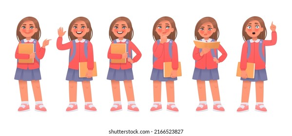 Set of elementary school student little girl character. Schoolgirl greeting, poses, thinks, reads, points, idea. Vector illustration in cartoon style