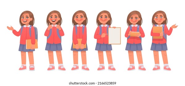 Set of elementary school student little girl character. Schoolgirl shows a gesture cool, poses, points to a blank poster, writes in a notebook, shrugs. Vector illustration in cartoon style