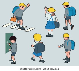 Set of elementary students in different poses. boy and girl character. Vector illustration, flat style