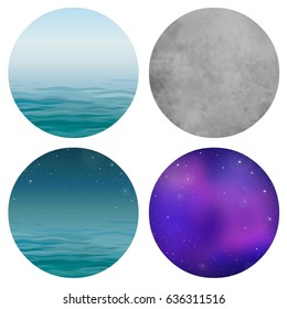 Set of elements: 4 circles with the image of the nature inside. Earth, water, sky. The place for the text. Vector color illustration isolated on a white background.
 