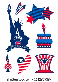 Set of elements for 4th of July Independence day. American badges with flag ornament inside of shape heart, hat, cake, firework, Statue of Liberty.