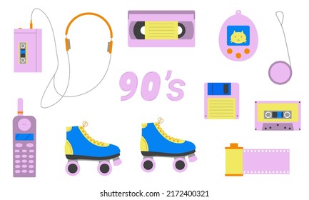 Set of elements of the 80s and 90s. Classic objects of the past decades. Flat style. Vector illustration