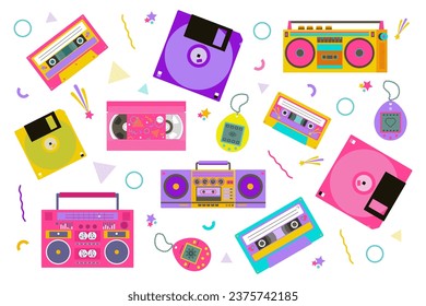 Set of elements from 90s. Tape recorders, cassettes, electronic, digital toys. Retro style. Back to 90s. Vintage, old fashioned style. Nostalgia for 1990s, 2000s. Neon colors. Vector illustration