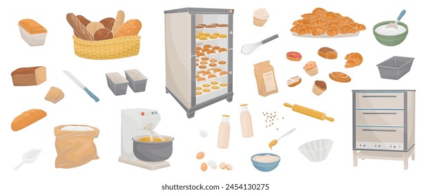 set elements about baking - bread, flour, electric bread oven, eggs, milk, croissant, donuts, baked goods, dough mixer, bowls