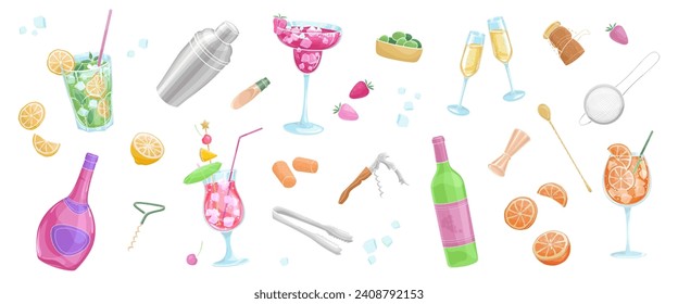 set elements about bar, cocktails, ice, corkscrew, shaiker, barman tools