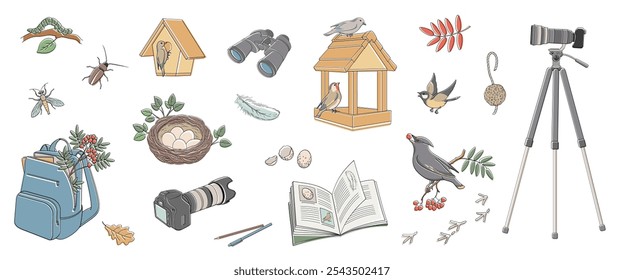 set elements about birdwatching, binoculars, camera, insects, birds, feeder, notebook, bird nest, bird eggs, bird traces