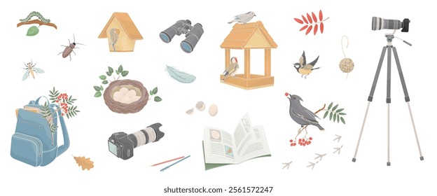 set elements about birdwatching, binoculars, camera, insects, birds, feeder, notebook, bird nest, bird eggs, bird traces