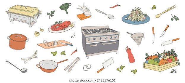 set  elements about cooking in a restaurant, pot, frying pan, colander, vegetables, knives, gas stove