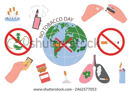 Set of elements about the dangers of smoking. Cigarettes, hookahs, vapes. No Tobacco Day. Vector illustration, concept about the Harm of Smoking, eps 10, icon set. Stop smoking elements. Concept of