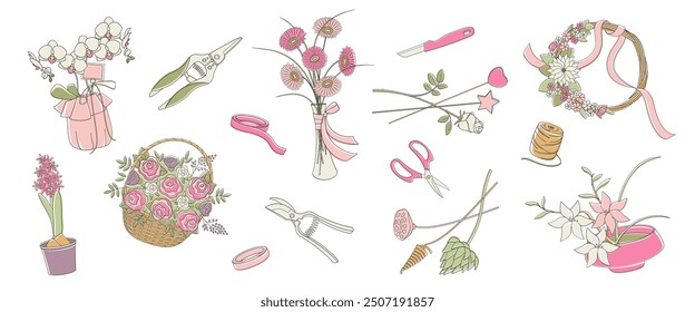 set elements about  florist service, tools and accessories, flowers bouquets, knife, cutter, scissor, pot flowers, vase, arrangement