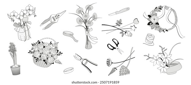Elementos sobre floristería, herramientas y accesorios, ramos de flores, cuchillo, cortador, tijera, flores de olla, florero, arreglo Ilustración vectorial en blanco y negro