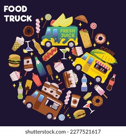 Set von Elementen über LKW-Fest in runder Form flach, Vektorgrafik einzeln auf dunklem Hintergrund. Essen und Getränke, verschiedene Lieferwagen, leckere Straßenmahlzeiten