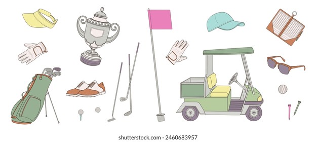 set elements about golf - clubs, shoes, flag, sunglasses, competition cup, gloves, golf bag, ball, clash notebook, golf buggy cart