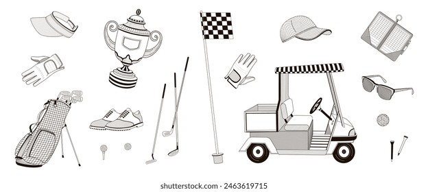 set elements about golf - clubs, shoes, flag, sunglasses, competition cup, gloves, golf bag, ball, clash notebook, golf buggy cart black and white outline illustration