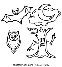Set of elements about halloween. Hand drawn vector illustration in doodle style, isolated on a white background.