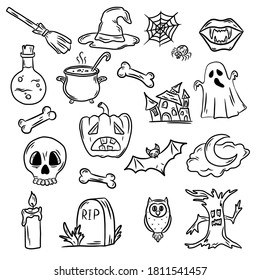 Set of elements about halloween. Hand drawn vector illustration in doodle style, isolated on a white background.