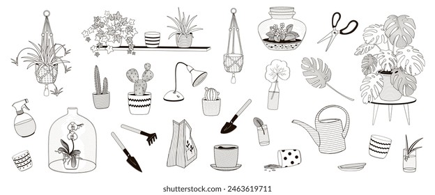 establezca Elementos sobre el verdor interior y las plantas caseras con maceta de plantas, plantas, regadera, lámpara de cultivo negro y blanco contorno Ilustración vectorial