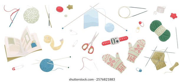 set of elements about knitting, knitting needles, crochet, balls of wool, pins, scissors, row counter, stitch markers, buttons, knitted mittens