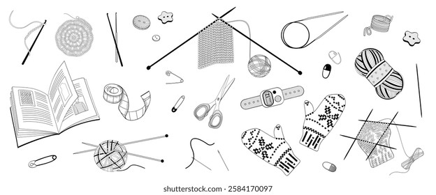 set of elements about knitting, knitting needles, crochet, balls of wool, pins, scissors, row counter, stitch markers, buttons, knitted mittens
