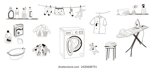 set elements about laundry and ironing at home, washing machine, dirty laundry basket, ironing board, iron, detergents, clothes black and white vector illustration