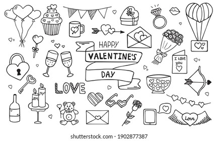 Set von Elementen über Liebe im Doodle-Stil. Alles Gute zum Valentinstag! Handgezeichnete Vektorgrafik einzeln auf weißem Hintergrund.