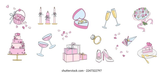 set elements about Marriage ceremony, wedding day.Cake, bridal rings, candles, wedding gifts, glasses of champagne, bridesmaid shoes, linear color vector illustration 