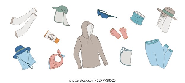  set elements about protective measures against the solar radiation and UV ultraviolet during outdoor sports