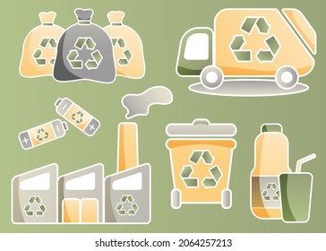 Conjunto de elementos sobre el reciclado de residuos. Basura. Camión de basura. Planta De Procesamiento De Residuos. 