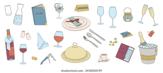 set elements about restaurant service, menu, plate, wine glasses, credit card,cutlery