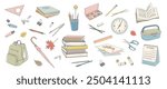 set of elements about school and  study, pens, pencils, books, notebooks, compasses, scissors, brushes, paints, glue, lunch box