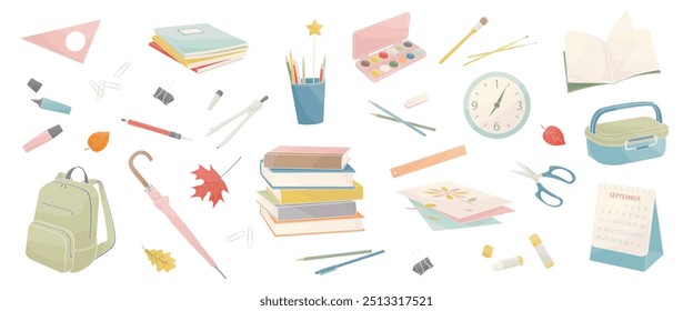 set of elements about school and  study, pens, pencils, books, notebooks, compasses, scissors, brushes, paints, glue, lunch box